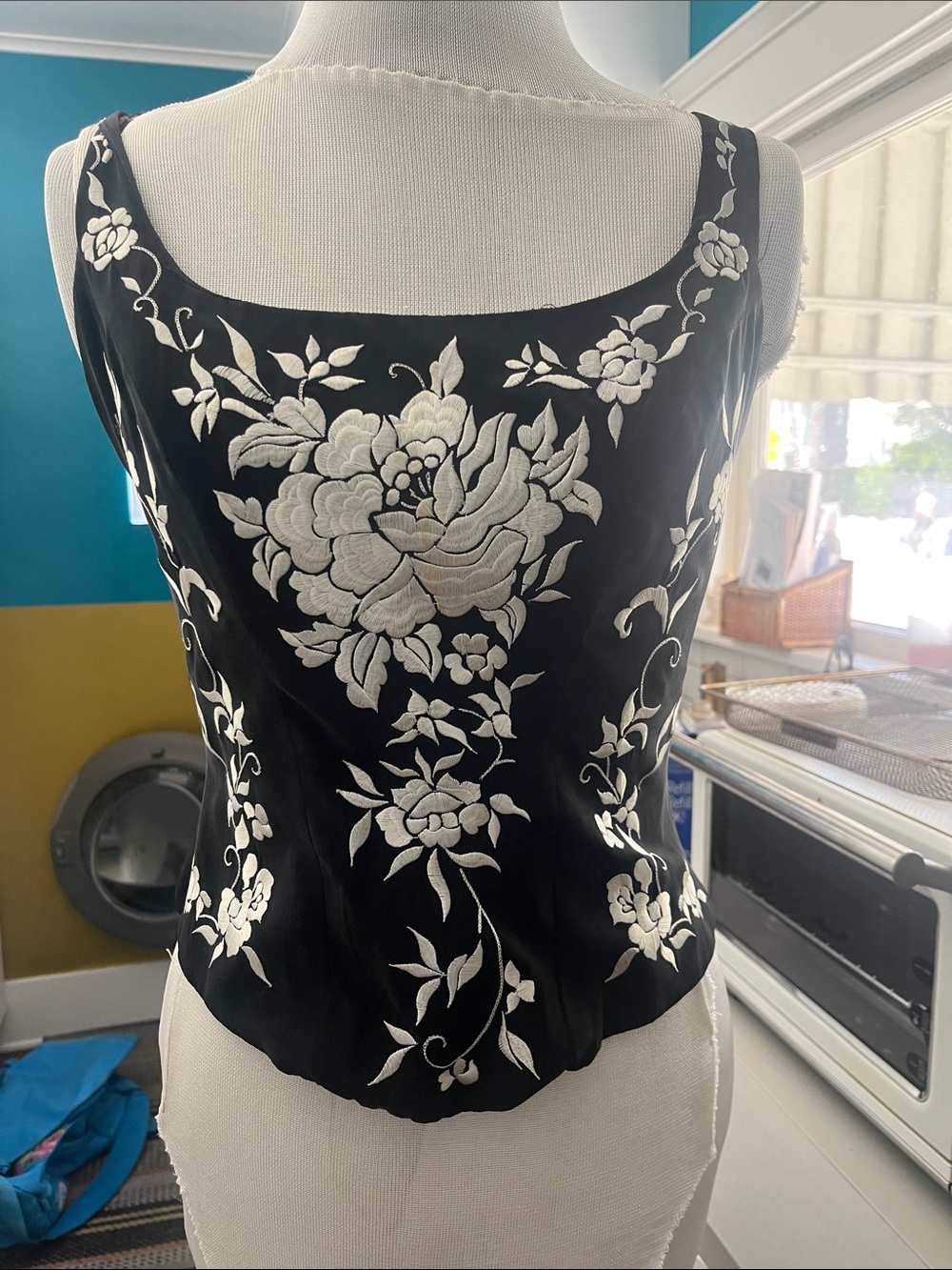 Casadei Black Tank Top with White Floral Embroidery